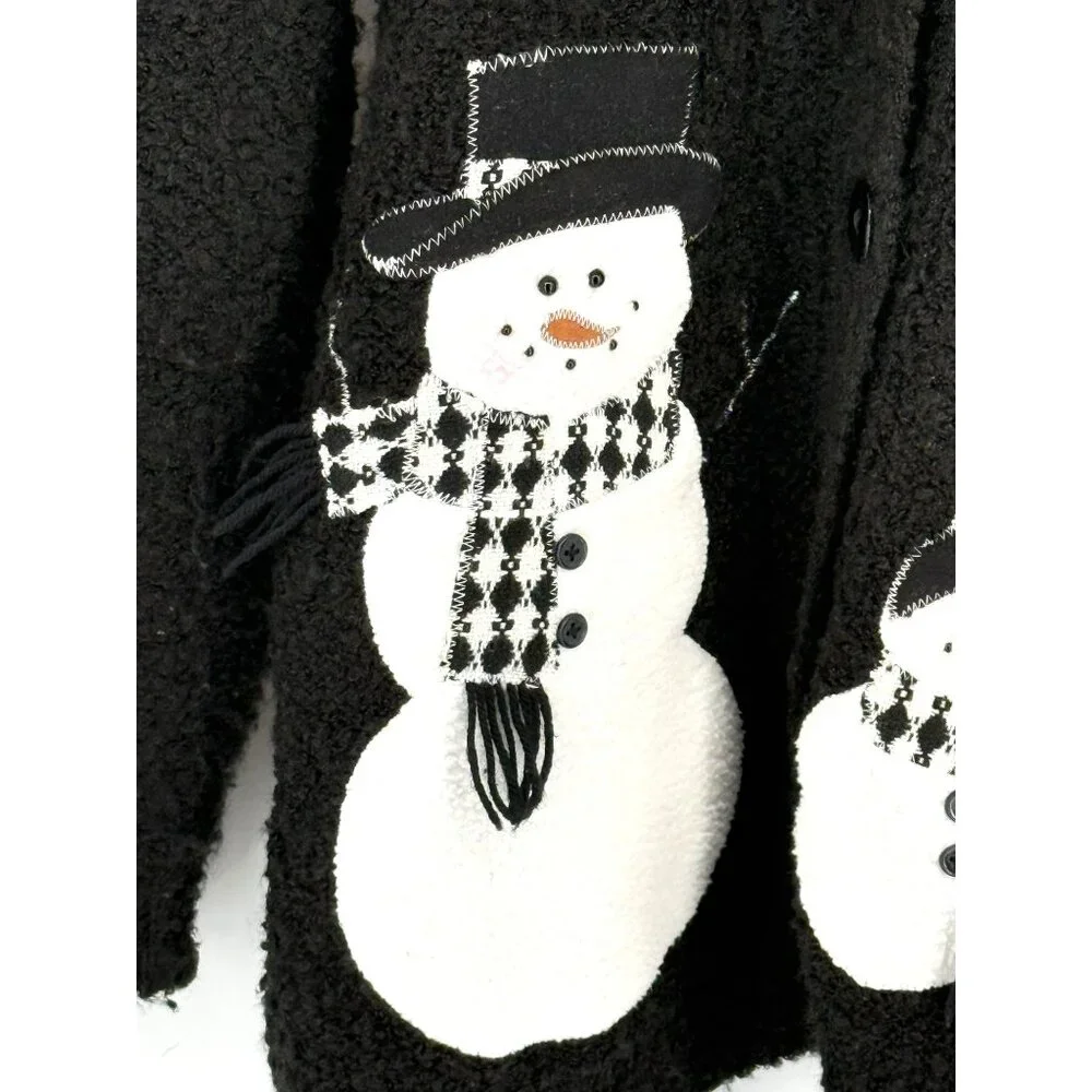 Vintage Black Snowman Cardigan Sweater Button-Up Large 40% Cotton‎ 60% Polyester